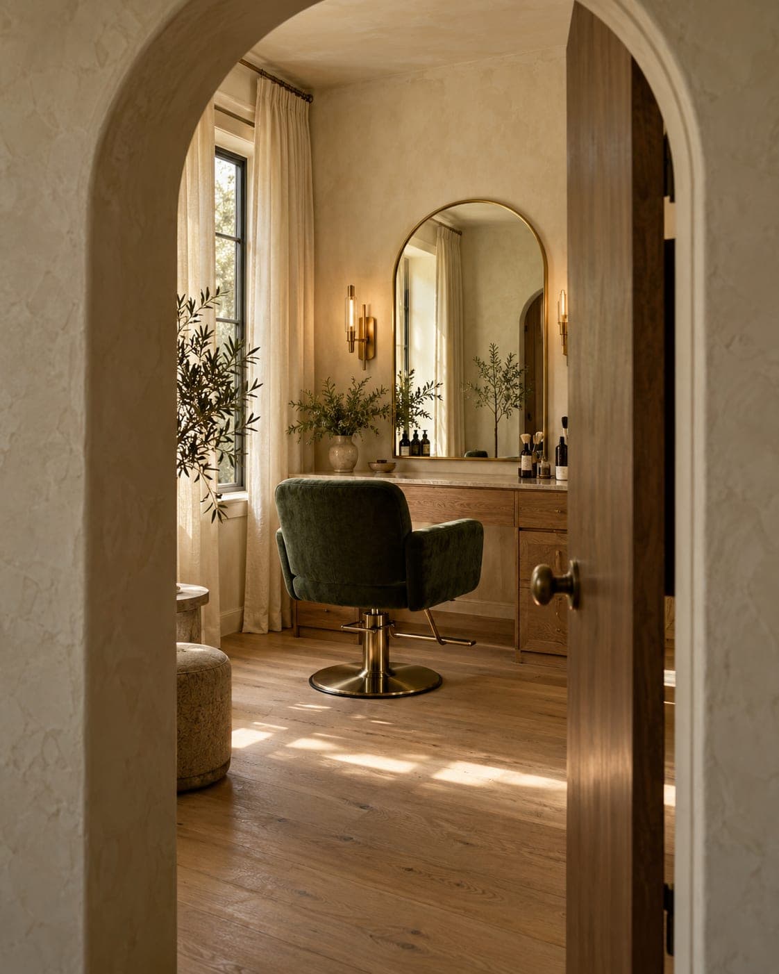 View through a plaster archway and ajar wooden door into a warmly lit private suite with a green velvet chair and arched brass mirror.