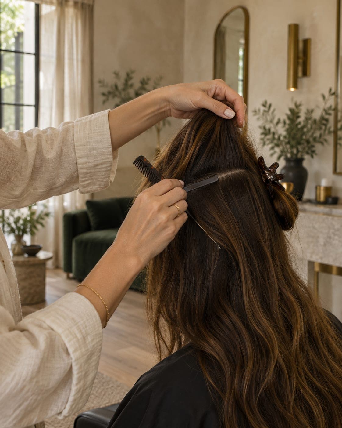 Hands in cream linen sleeves sectioning long brown hair with a comb, no faces in frame.