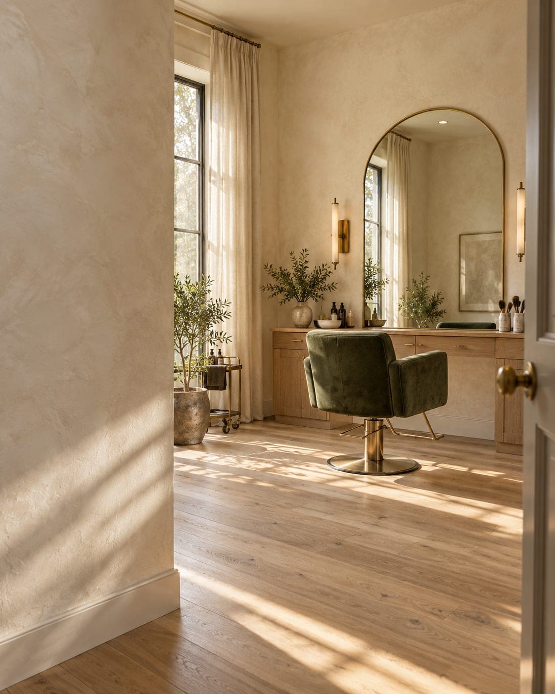 Private salon suite seen from its doorway: green velvet styling chair, arched brass mirror, oak counter, morning light on cream plaster walls.