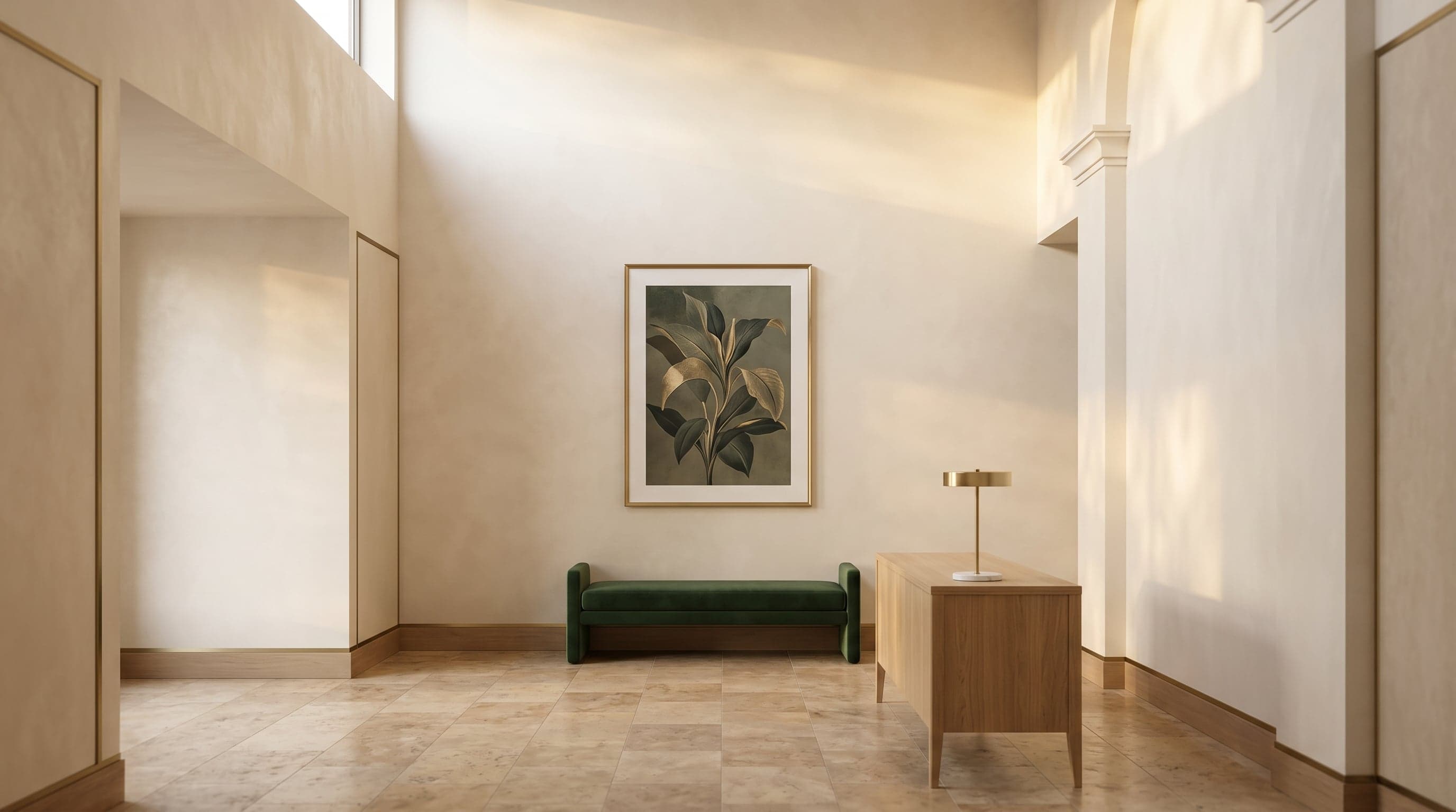 Architectural reception interior with cream plaster walls, brass-trim millwork, oak desk, and a forest-green velvet bench.