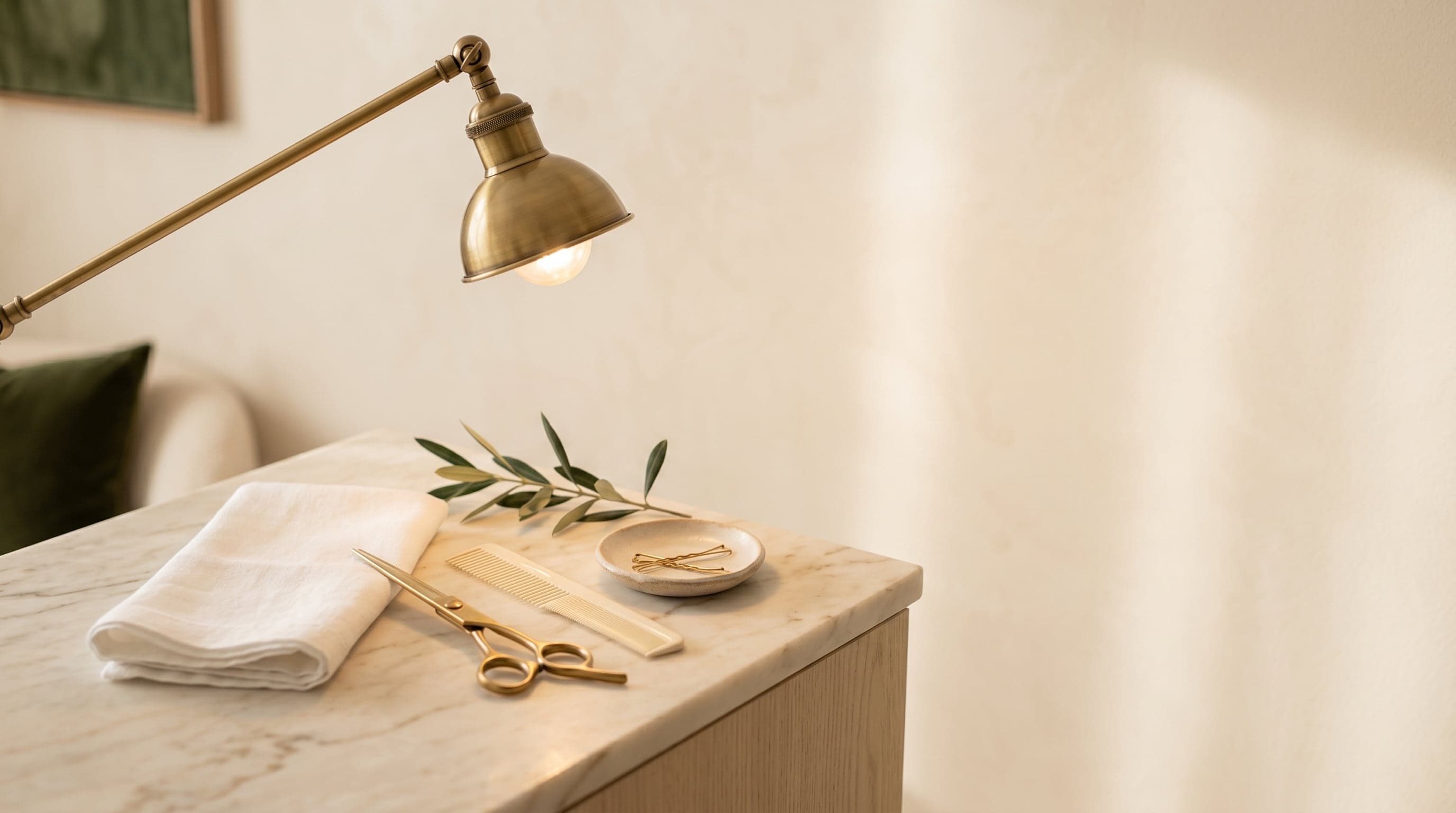 Editorial flat-lay on cream marble: brushed-gold scissors, ivory comb, folded white towel, and a sprig of olive.