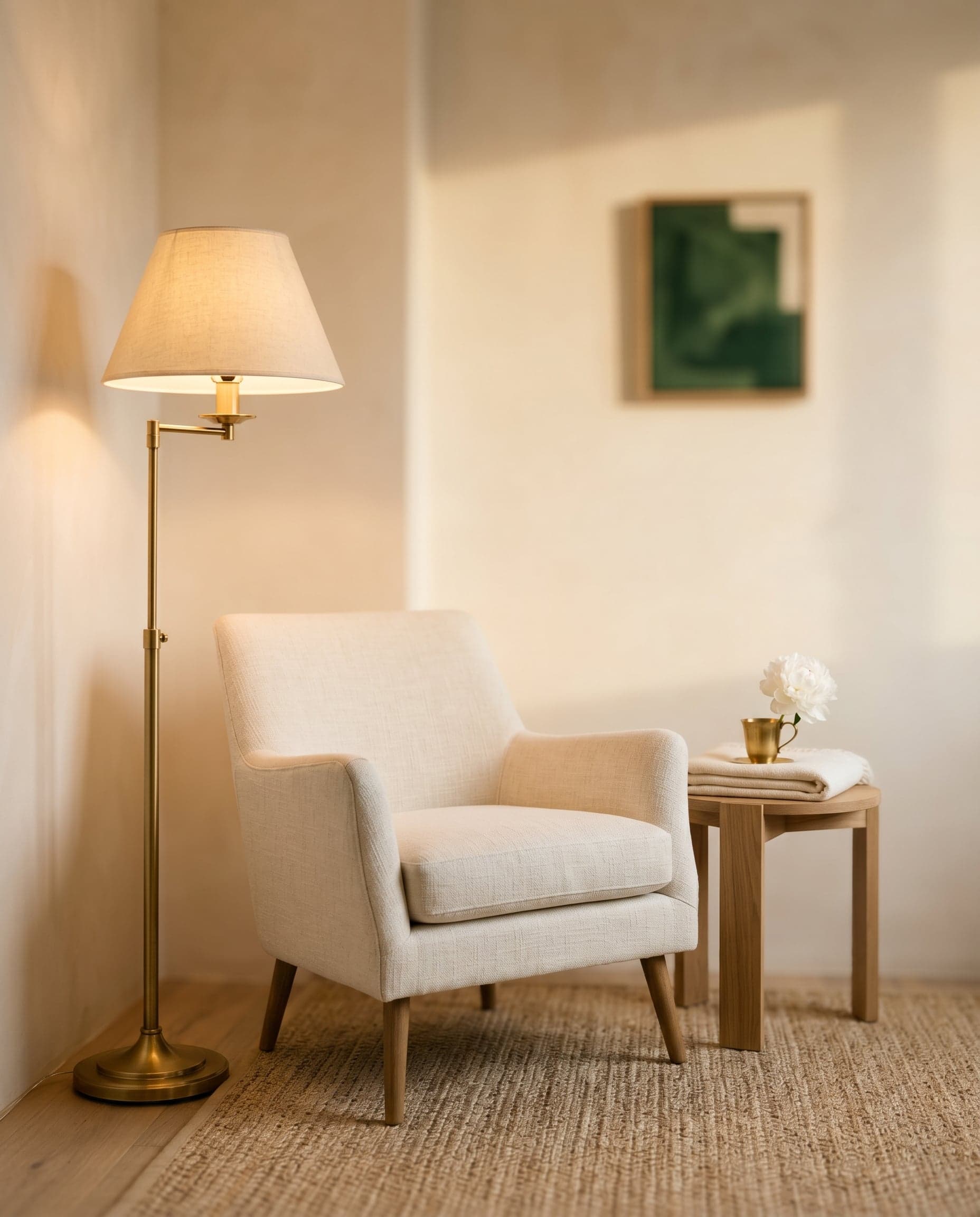Inviting suite corner with an ivory linen chair, brass floor lamp, and a single peony in late-afternoon golden light.