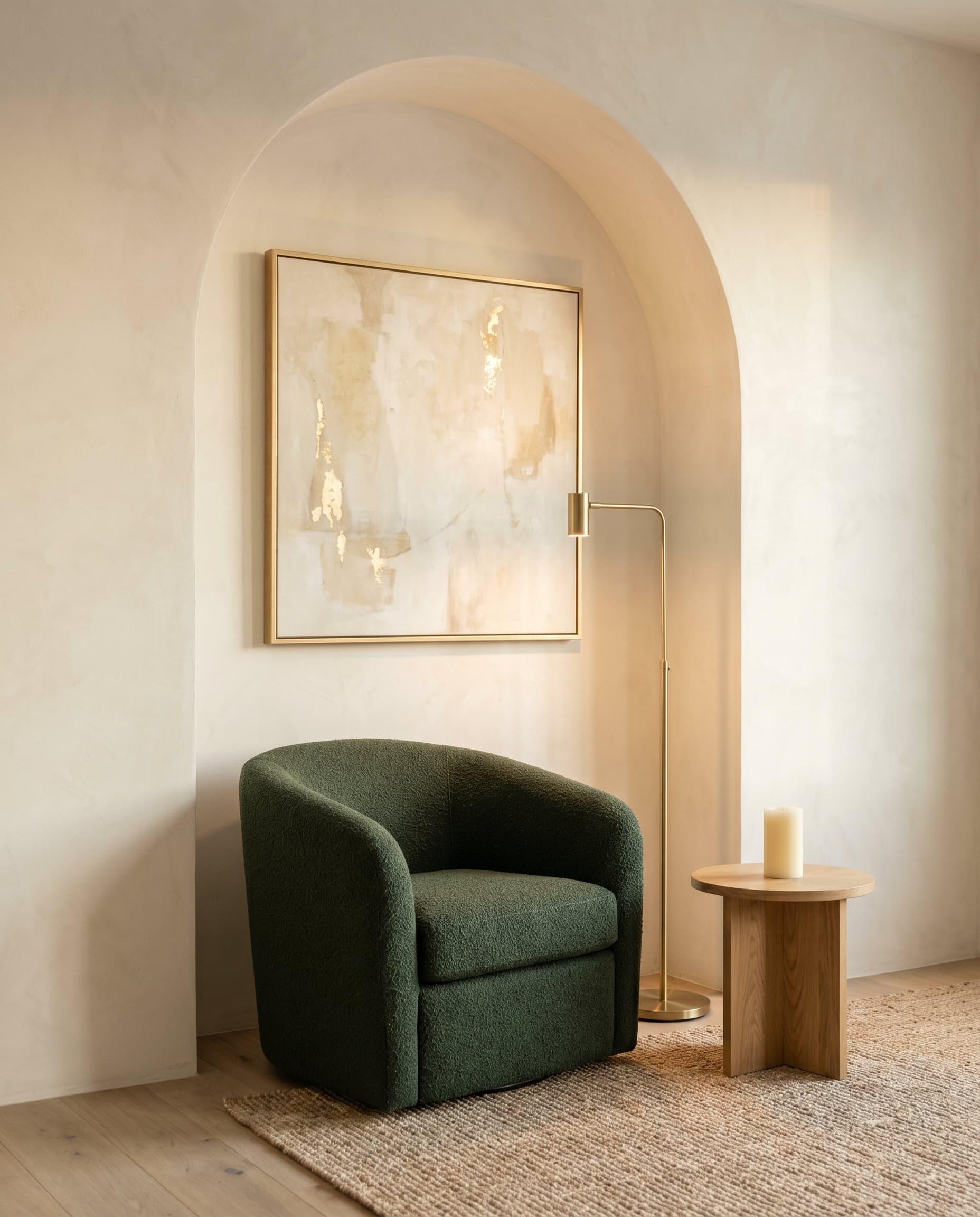 Quiet suite corner with a forest-green boucle armchair under an arched alcove, brass floor lamp, and gold-toned abstract art.