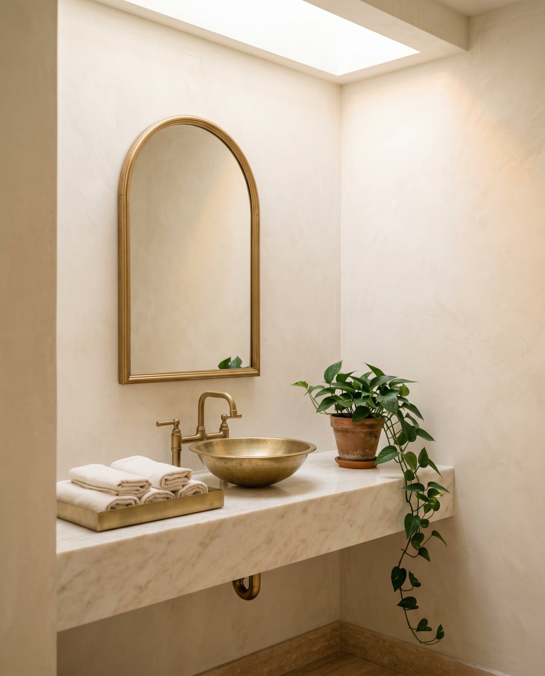 Spa-like shampoo nook with a brass-fixture wash basin on a cream marble shelf and folded ivory towels.
