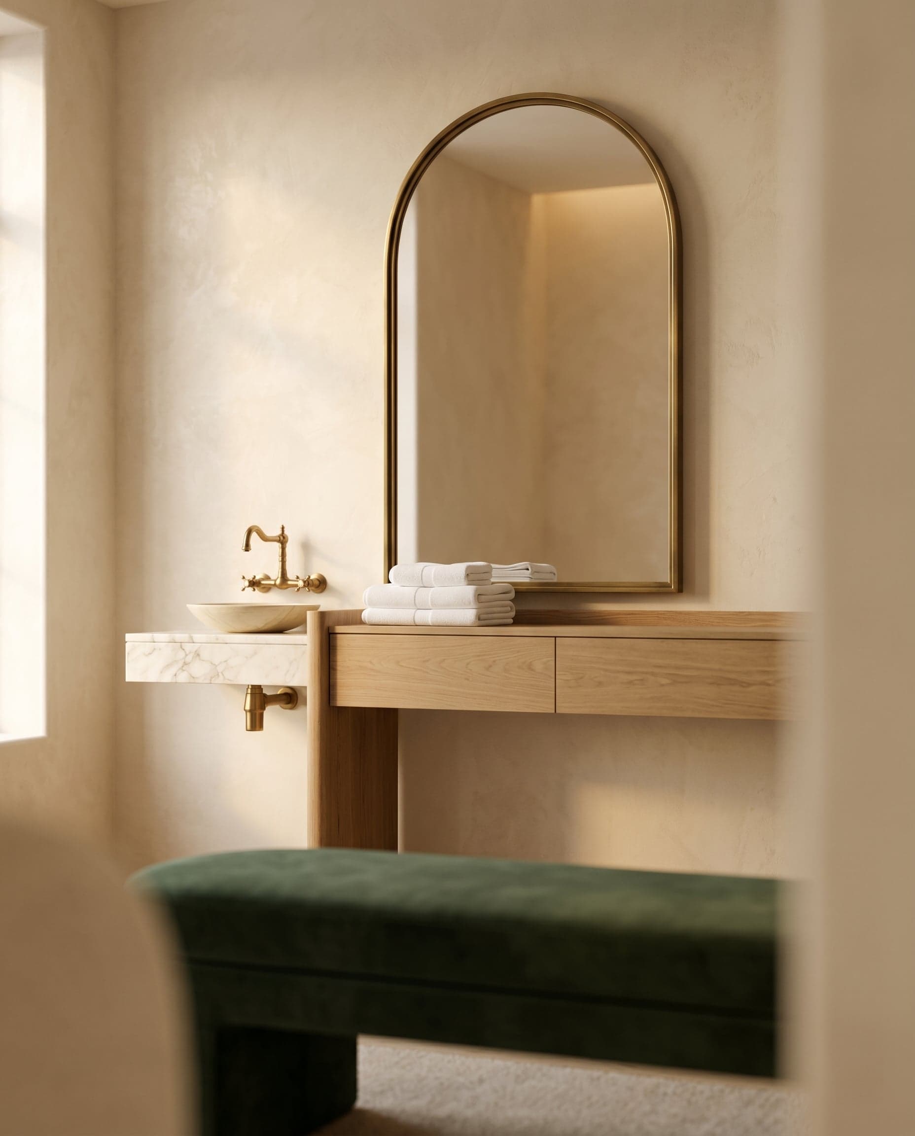 Editorial interior of a private salon suite with an arched mirror, brushed-brass details, and forest-green velvet bench.