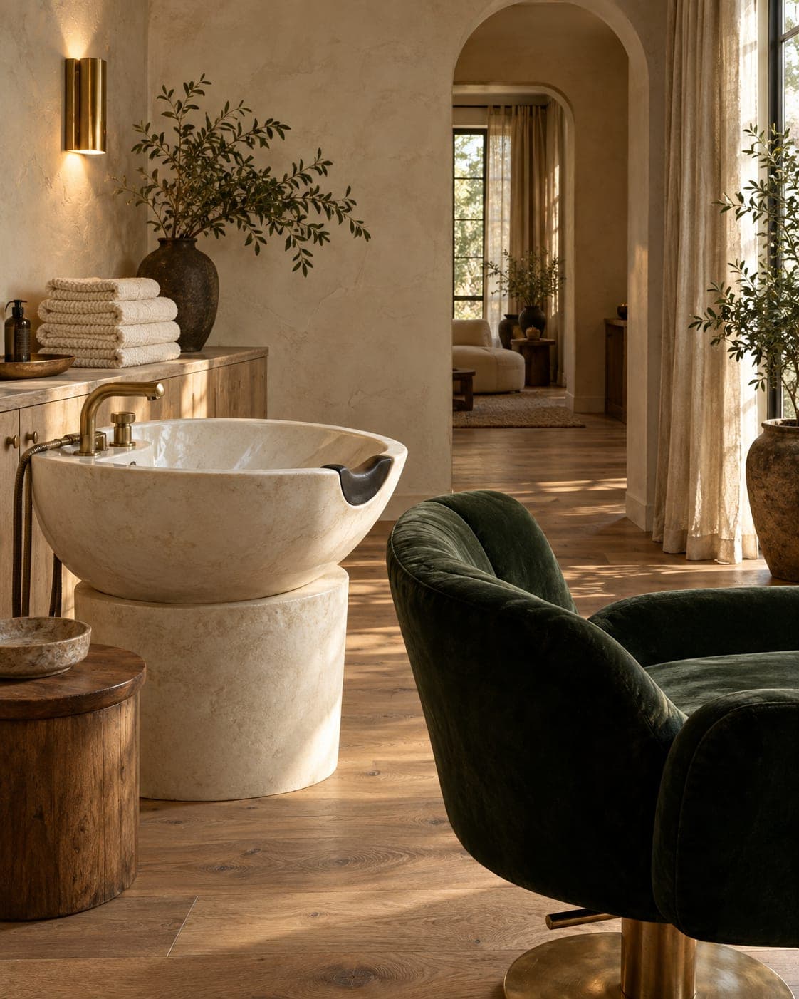 Sculptural cream shampoo basin with a brass tap, stacked ivory towels and a green velvet chair in soft side light.