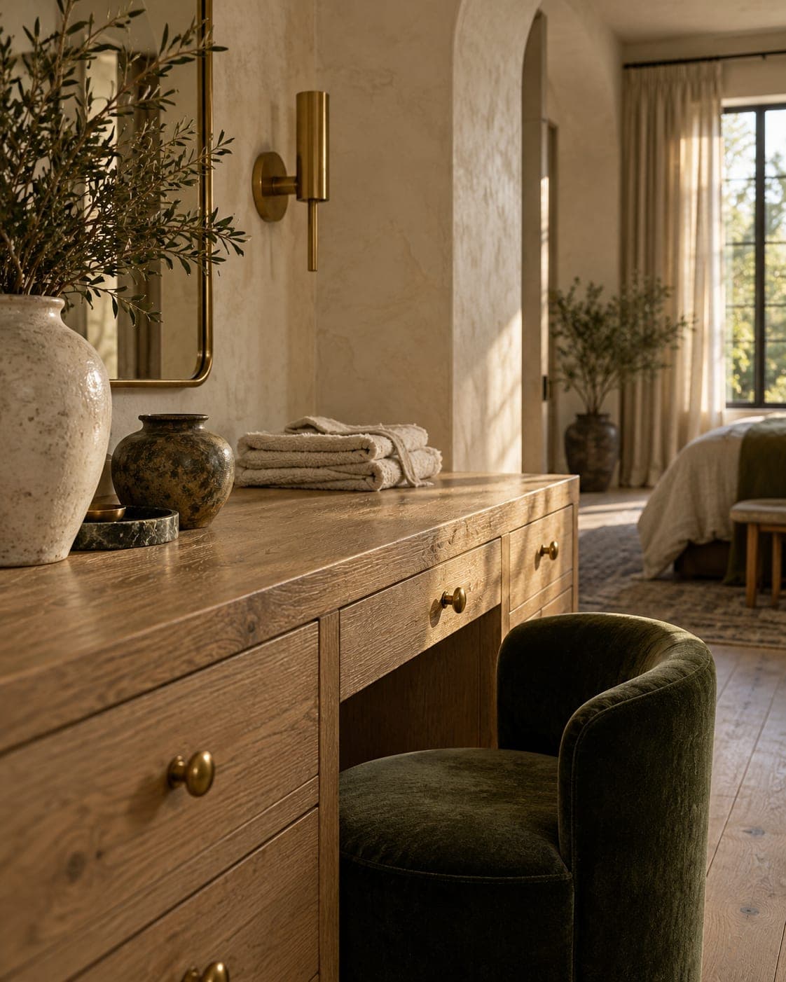 Oak styling counter with brass drawer pulls, ceramic vessels, folded linen towels and a green velvet stool.