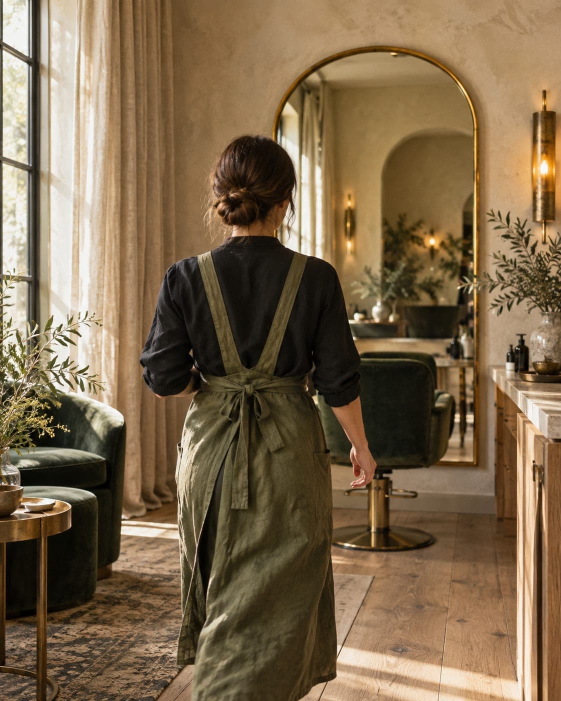 Stylist in an olive linen apron seen from behind, walking toward an arched brass mirror in a sunlit suite.