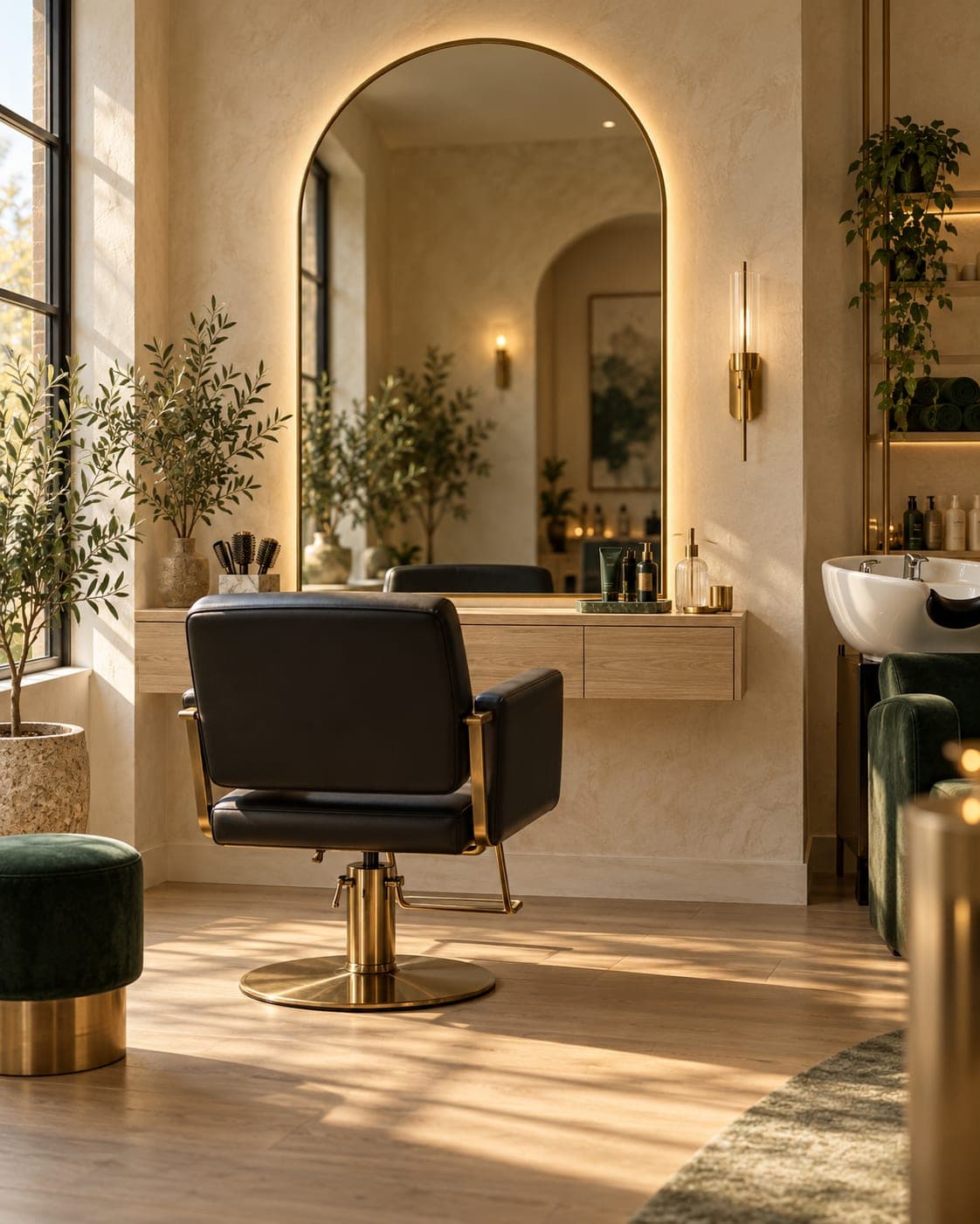 Private salon suite with a black styling chair at an oak floating station under a backlit arched mirror, shampoo bowl and green velvet stool nearby, warm window light.