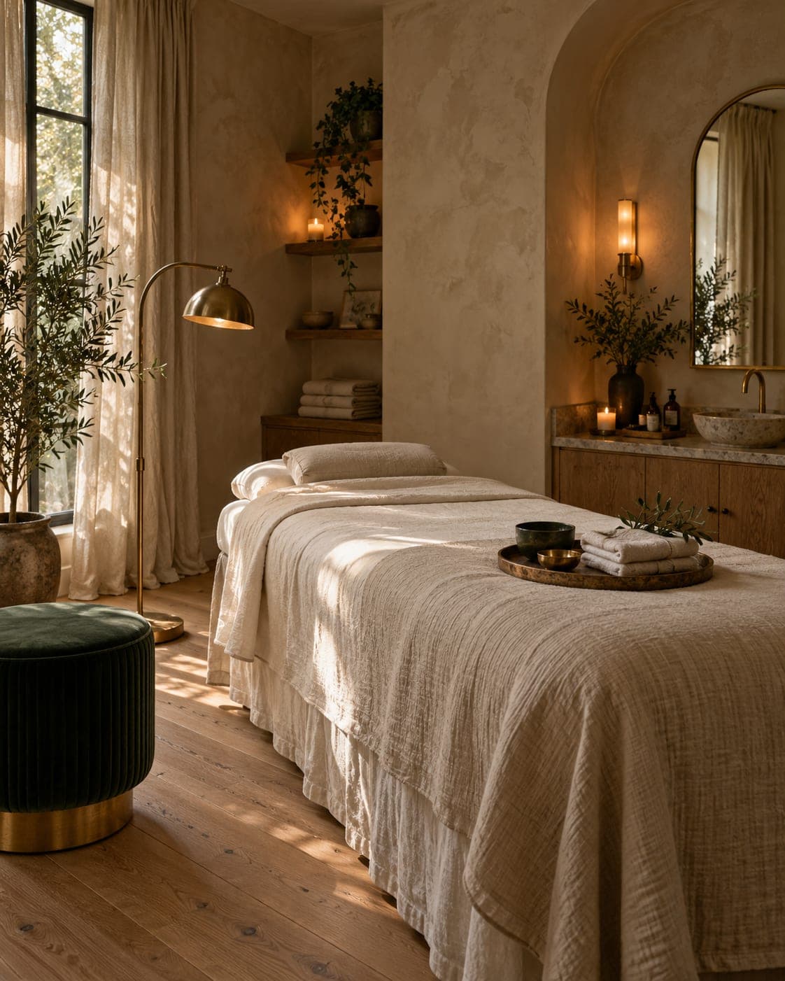Esthetician treatment room with a cream linen treatment bed, brass floor lamp, green velvet stool and a tray of folded towels in soft light.