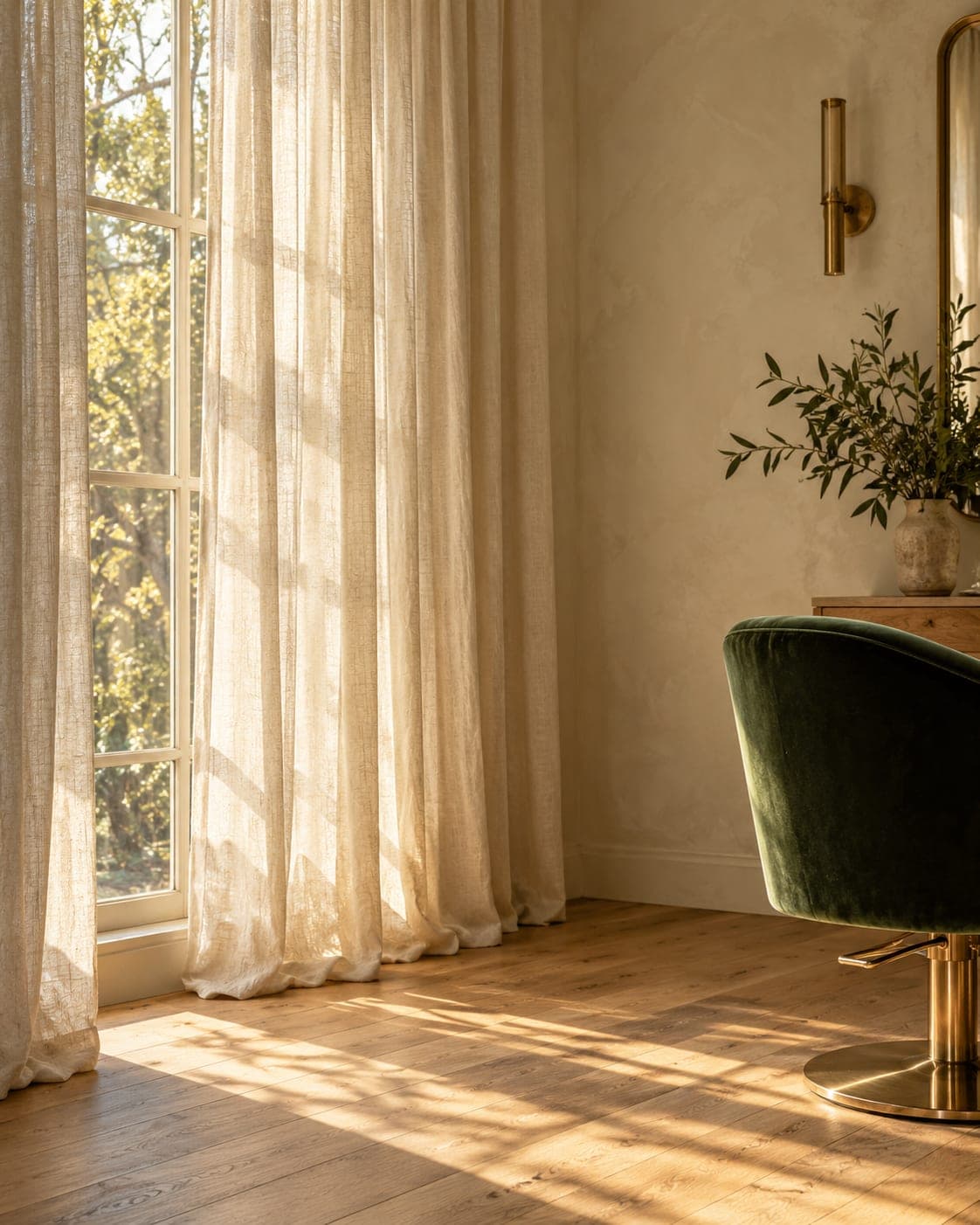 Linen curtain glowing with late-afternoon light beside a tall window, sunlight pooling on the oak floor, a green velvet chair partly in frame.